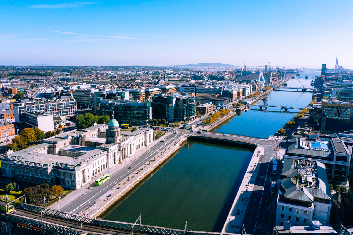 Drone view of Dublin City and the river liffey